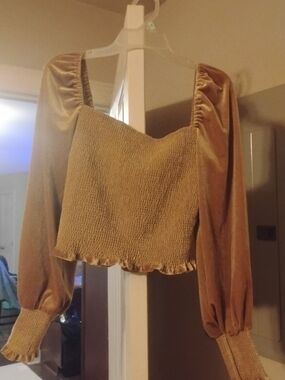 Gianni Bini Tan Velvet Smocked Long-Sleeve Crop Top